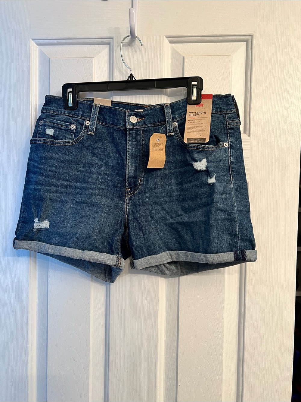 Levi’s Women’s Mid-Length Dark Blue Denim Roll-Cuff Jean Shorts